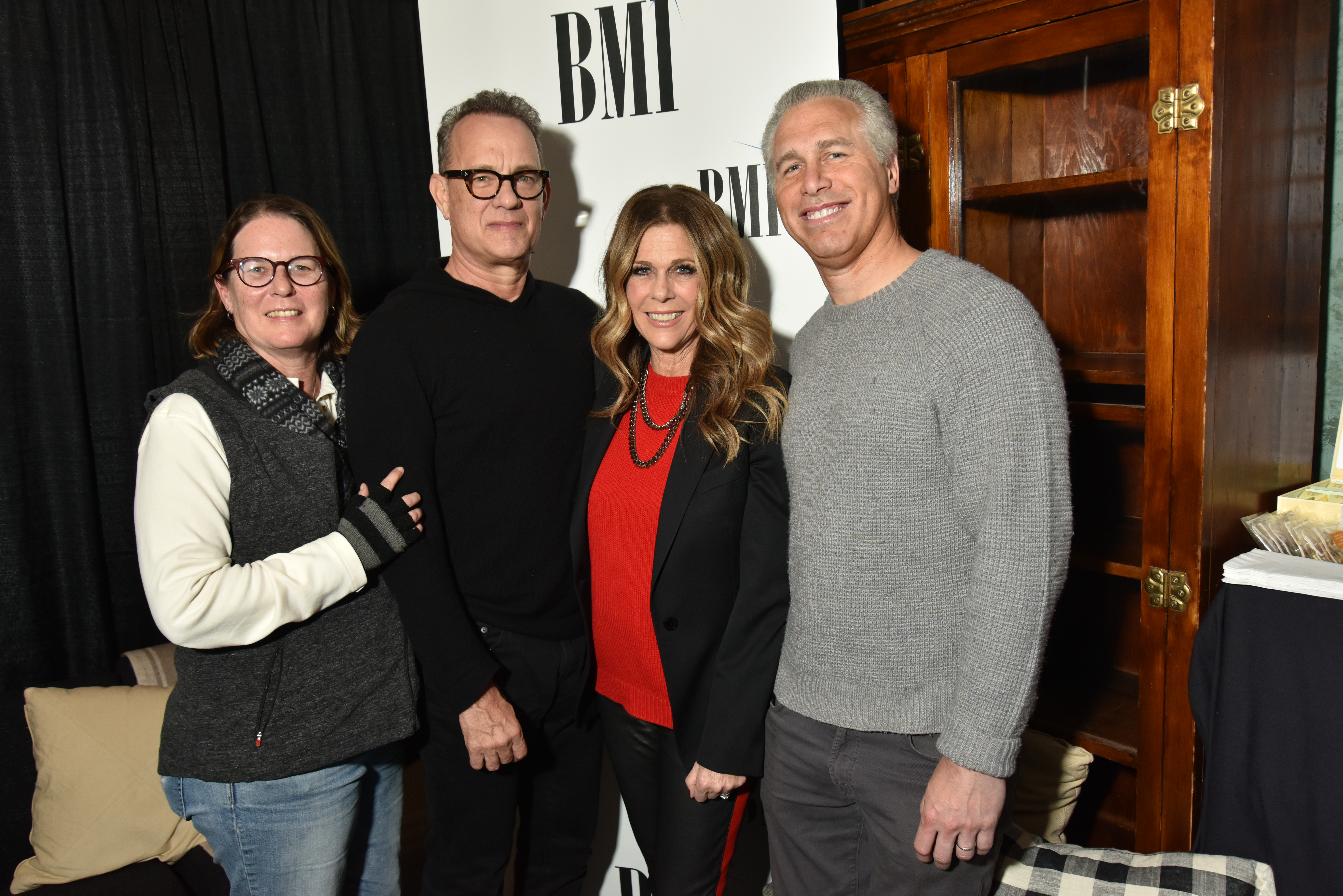 Pictured (L-R): BMI Executive Vice President, Distribution, Publisher Relations & Administration Services Alison Smith, Oscar Award-Winning Actor Tom Hanks, Actress, producer, singer and writer Rita Wilson and BMI Executive Vice President, Creative & Licensing Mike Steinberg pictured backstage at the BMI Snowball during the 2018 Sundance Film Festival at The Shop on January 23, 2018 in Park City, Utah.        